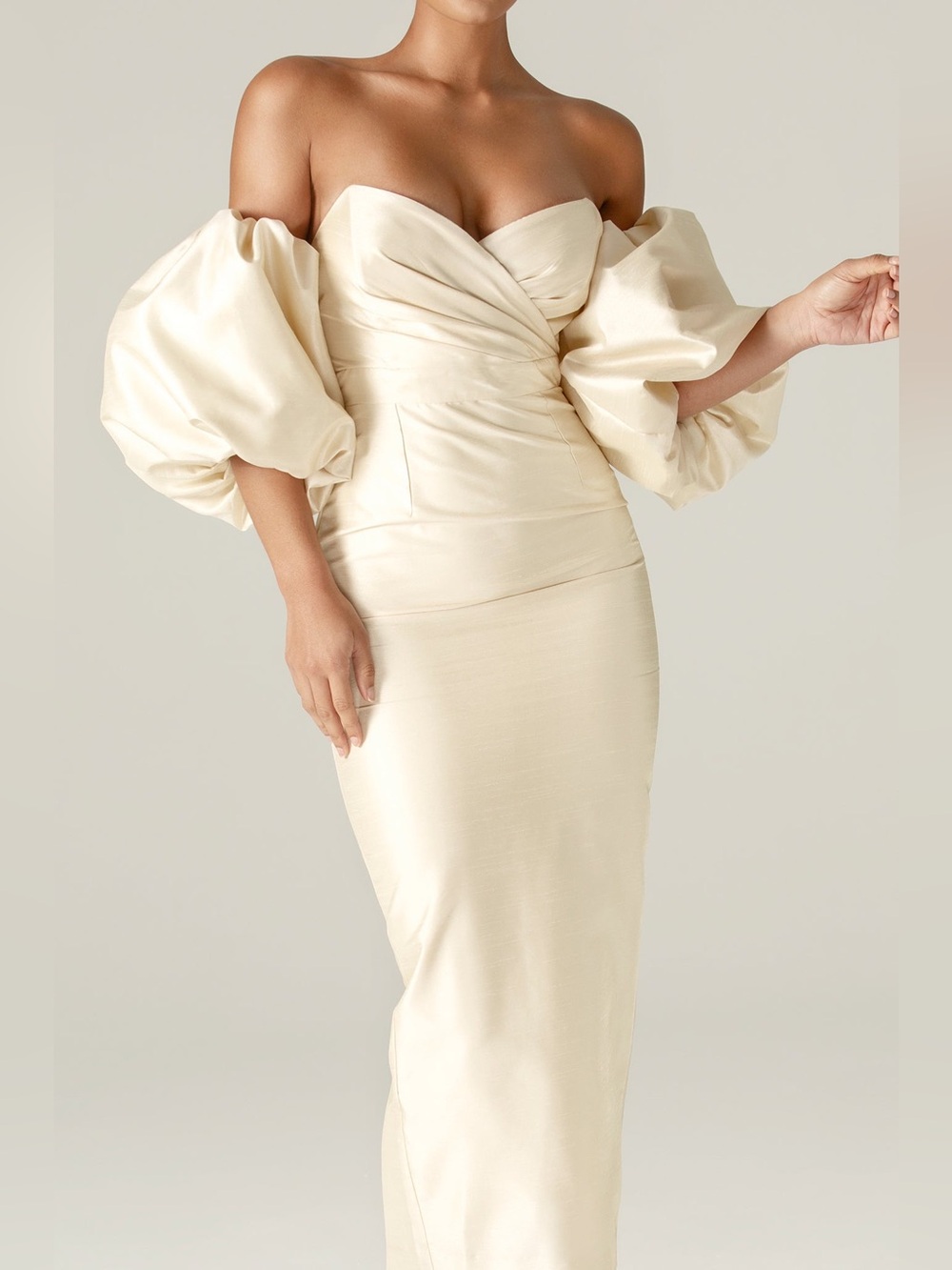 NWT ALIEVA/ALIAVA Tiffany Dupioni Puff Sleeve Dress Cream 100% Silk Size L